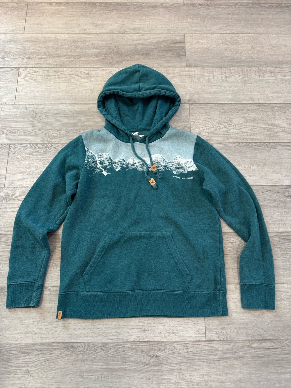 Teal Pullover Hoodie with Mountain and Moraine Lake Canada Graphic - Picture 1 of 9